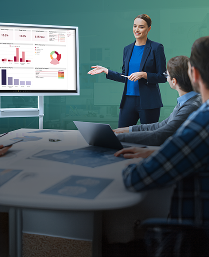 Woman giving presentation on business data.